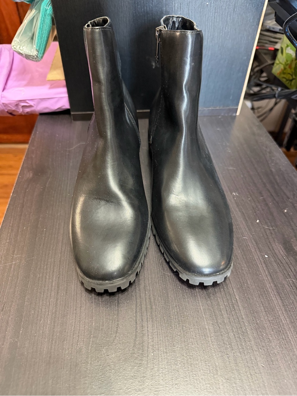 Taryn Rose Black Leather Lug Sole Ankle Boots